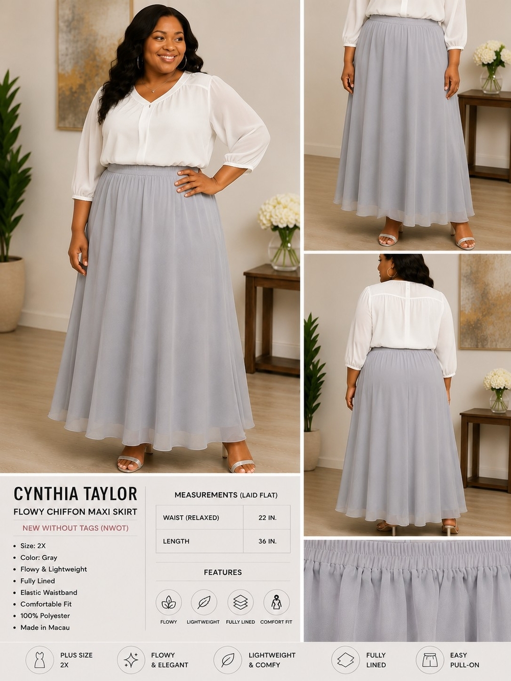 Cynthia Taylor 2X Gray Chiffon Maxi Skirt Elastic Waist NWOT Plus Size